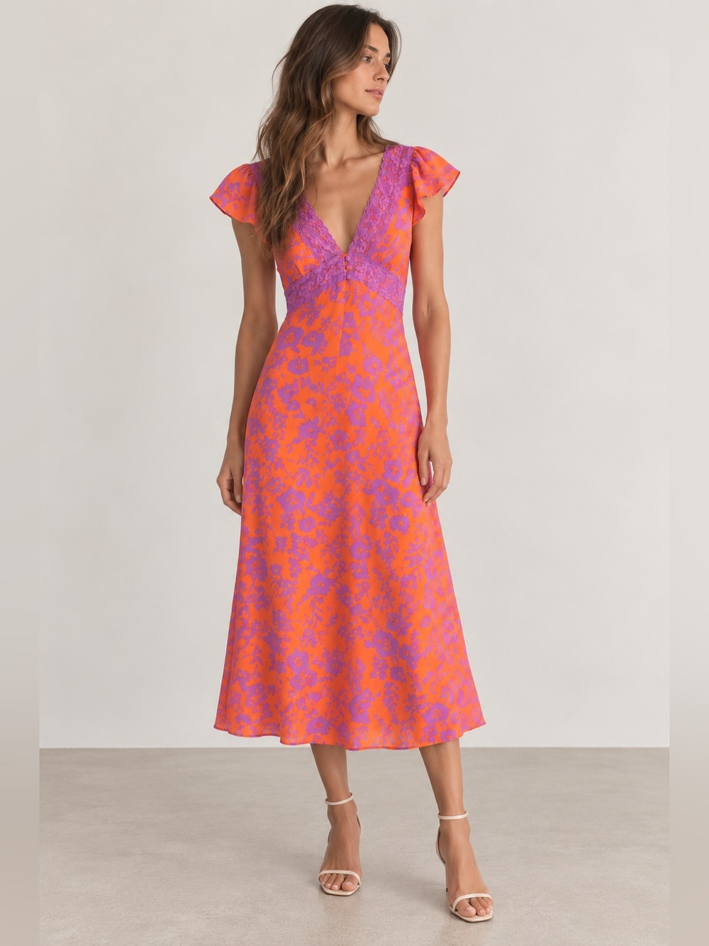 Icône Par Simons Orange Purple Floral Lace Midi Dress M